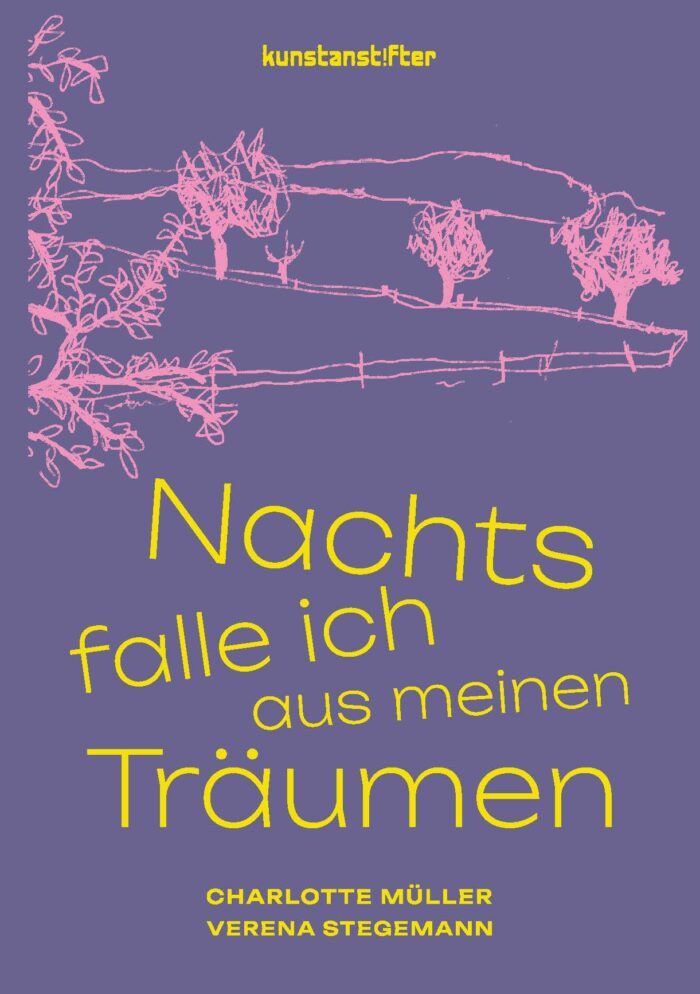 Schiftzug mit Titel auf lila Grund und angedeutete Wiesenlandschaft mit rosa Umrissen