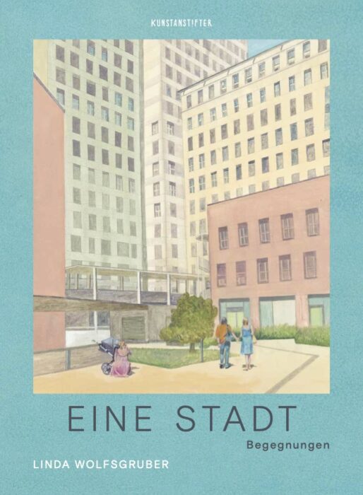 Illustration eines Innenhofs mit hohen Wohngebäuden, einer sitzenden Person mit Kinderwagen und zwei stehenden Personen