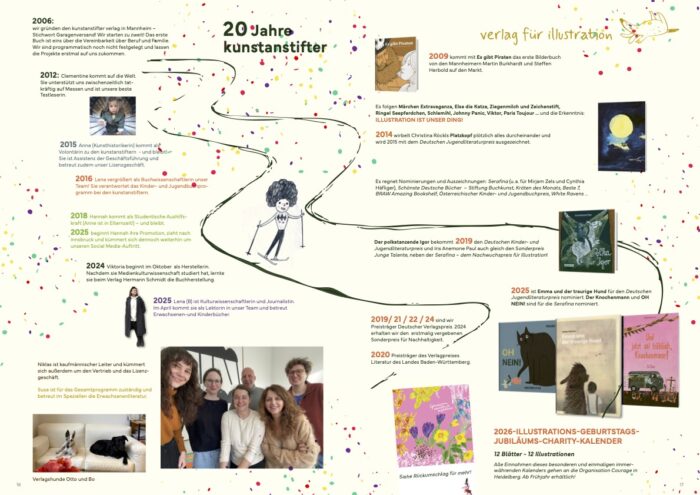 Auf einer Doppelseite sieht man den Werdegang der kunstanstifter beschrieben, inklusive Fotografien, welche verschiedene Buchcover und Verlagsmitarbeiter zeigen